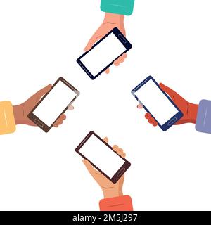 Hands with phones. Information and actions on the Internet.Vector. Stock Vector