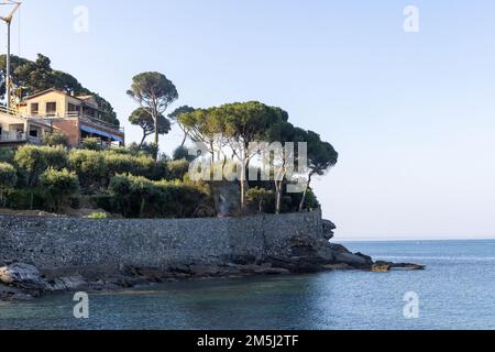 Aerial view of Recco beach and sea. Recco is a comune in the Metropolitan City of Genoa, region of Liguria, Italy. May 10, 2022 Stock Photo
