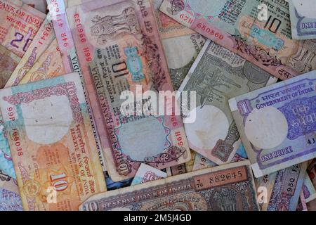 Vintage Old Indian Currency, A background of old vintage Indian currency notes. Stock Photo