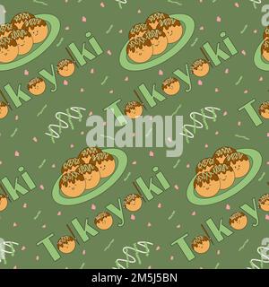 Asian dish - takoyaki. Octopus balls. Japanese kitchen. Cute character. Seamless doodle illustration. Fabric design, wrapping paper or background Stock Vector