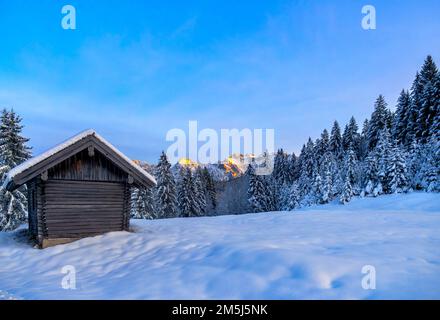 Chalet in a snow landscape at Elmau, Upper Bavaria, Bavaria, Germany, Europe Stock Photo