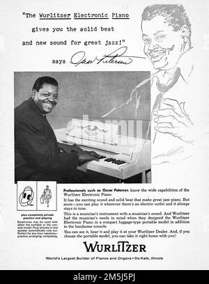 Legendary jazz virtuoso pianist Oscar Peterson endorses Wurlitzer Electronic Pianos in an ad in a mid 1950s music magazine. Stock Photo