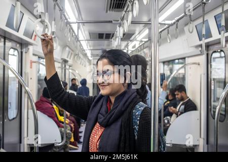 Dhaka, Bangladesh. 29th Dec, 2022. Passengers travel inside a Dhaka Metro train from Uttara North to Agargaon. Prime Minister Sheikh Hasina formally inaugurated the country's first metro rail. (Photo by Sazzad Hossain/SOPA Images/Sipa USA) Credit: Sipa USA/Alamy Live News Stock Photo