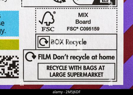 Recycling information, film don't recycle at home recycle with bags at large supermarket, box recycle FSC logo on Double Chocolate Panettone  from M&S Stock Photo