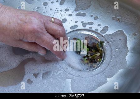 Female hand collecting bits of food from sink hole strainer with suds in stainless sink Stock Photo