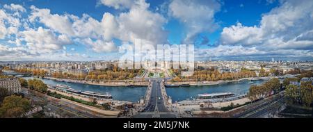 Scenery view from the Eiffel tower height to the Paris cityscape, France. Seine river, Trocadero area and La Defense metropolitan district seen on the Stock Photo