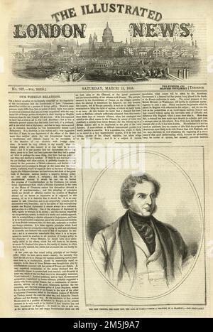 Old Victorian newspaper frontpage 1858, London Illustrated News, Edward Smith-Stanley, 14th Earl of Derby, Prime Minsiter Stock Photo