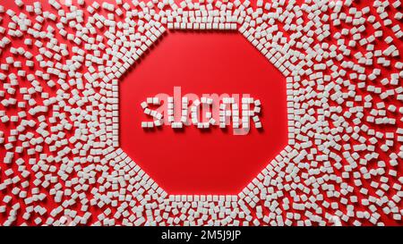 octagonal frame in the form of a stop sign made of sugar cubes with red background and word sugar inside. stop eating refined sugar flat lay concept Stock Photo