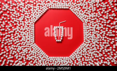 octagonal frame in the form of a stop sign made of sugar cubes with red background and glass with a straw inside. stop eating refined sugar concept Stock Photo