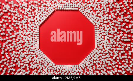 octagonal frame in the form of a stop sign made of sugar cubes with an empty red background inside. stop eating refined sugar concept Stock Photo