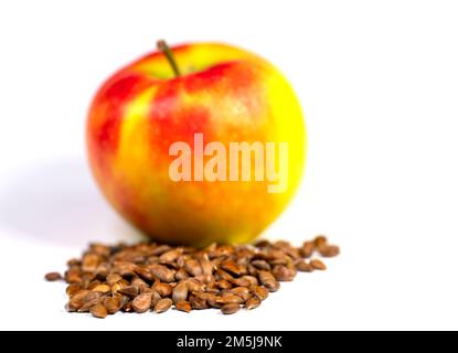 Apple cores and apple against white background Stock Photo