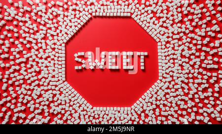 octagonal frame in the form of a stop sign made of sugar cubes with red background and word sweet inside. stop eating refined sugar concept Stock Photo