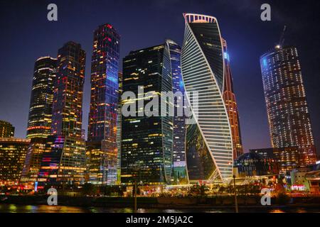 High-rise buildings of Moscow International Business Centre (MIBC), also known as “Moscow City', illuminated at night. Moscow, Russia. Stock Photo