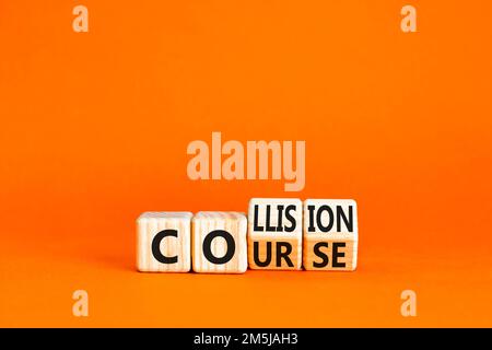 Collision course symbol. Concept word Collision course on wooden cubes. Beautiful orange table orange background. Business collision course concept. C Stock Photo