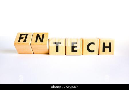 Tech or fintech symbol. Concept word Tech and Fintech on wooden cubes. Beautiful white table white background. Business and tech or fintech concept. C Stock Photo