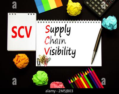 SCV supply chain visibility symbol. Concept words SCV supply chain visibility on white note on a beautiful black background. Calculator. Business SCV Stock Photo