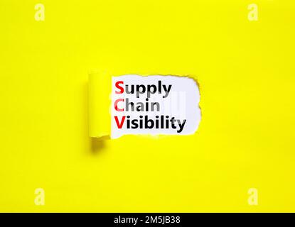 SCV supply chain visibility symbol. Concept words SCV supply chain visibility on white paper on a beautiful yellow background. Business SCV supply cha Stock Photo