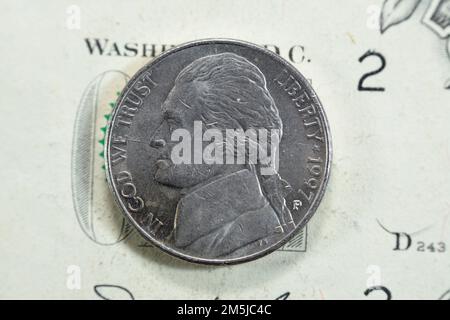 Obverse side of American money coin of 5 five cents 1997 features the profile of Thomas Jefferson the founding father and 3rd president of the United Stock Photo