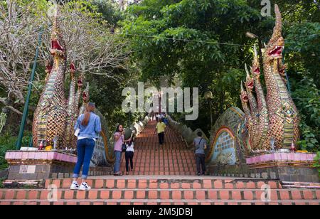 Chiang Mai, Thailand. 10 November 2022. Wat Phra That Doi Suthep Ratchaworawihan entrance stairs. Dragon Stairways. Thailand's most popular touristic Stock Photo