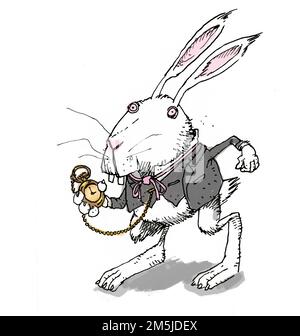 Illustration of fictional anthropomorphic character of the White Rabbit who is running late Lewis Carroll's 1865 book Alice's Adventures in Wonderland Stock Photo