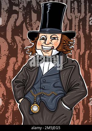 Art illustration of smiling Isambard Kingdom Brunel, against backdrop of anchor chains of SS Great Eastern ship. Brunel was a British civil engineer Stock Photo