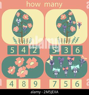 count how many flowers and how many birds are in the picture-a puzzle for children under 6 years old Stock Vector