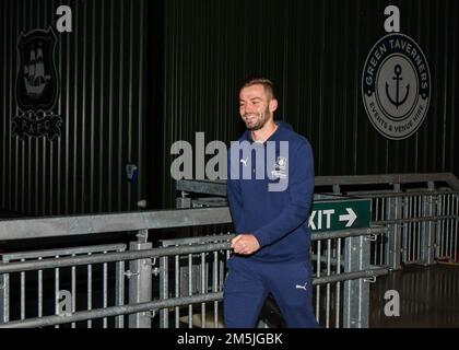 Plymouth Argyle midfielder Matt Butcher  (7) arrives  during the Sky Bet League 1 match Plymouth Argyle vs Wycombe Wanderers at Home Park, Plymouth, United Kingdom, 29th December 2022  (Photo by Stanley Kasala/News Images) Stock Photo