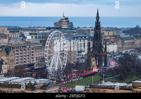 View from above of Christmas market and Big Wheel, Princes Street Gardens, Edinburgh City centre, Scotland, UK Stock Photo