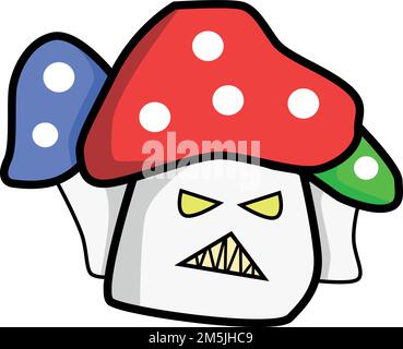 The angry mushroom cartoon characters with red blue and green hats against white background Stock Vector