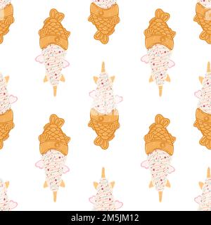 Seamless pattern with taiyaki fish-shaped ice cream cone in cartoon flat style. Hand drawn vector background with traditional Japanese food, sweet Stock Vector