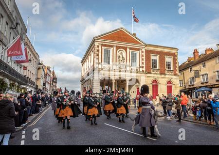 Irish Guards Pipers and Irish Wolfhound Mascot 'Seamus', Windsor, Berkshire, UK Stock Photo