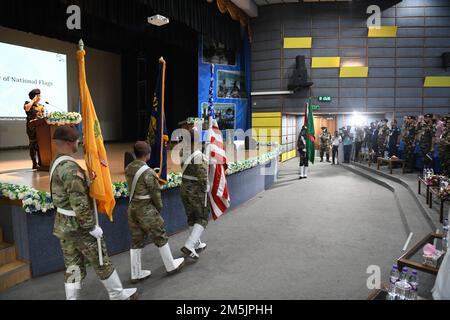 Members from the U.S. and Bangladesh Army march their respective flags out during the opening ceremony of Exercise Tiger Lightning 2022, on March 20, 2022 at the Bangladesh Institute of Peace Support Operation Training center in Dhaka, Bangladesh. TL22 is a bilateral exercise sponsored by the U.S. Indo-Pacific Command and hosted by the Bangladesh Armed Forces, strengthening Bangladesh defense readiness, building operational interoperability, and reinforcing partnership between the Bangladesh Armed Forces and the Oregon National Guard. (Air National Guard photo by Master Sgt. Aaron Perkins, Ore Stock Photo