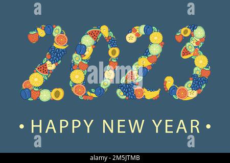 The numbers in the year 2023 are lined with bright colorful fruits and berries. Happy New Year greeting card. Stock Vector
