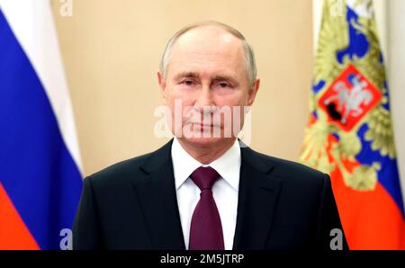 Novo-Ogaryovo, Russia. 27 December, 2022. Russian President Vladimir Putin delivers a pre-recorded video message congratulating Rescue Workers on their professional holiday from the official residence at Novo-Ogaryovo, released December 27, 2022 outside Moscow, Russia.  Credit: Mikhail Klimentyev/Kremlin Pool/Alamy Live News Stock Photo