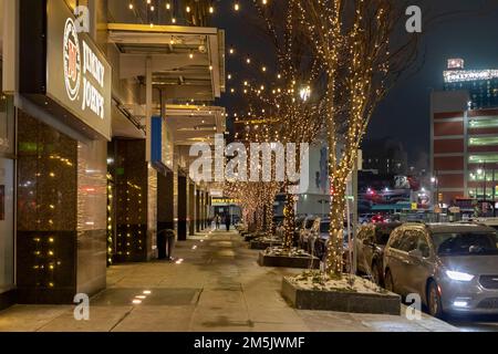 Detroit, Michigan - Trees along a downtown sidewalk, decorated for the winter holidays. Stock Photo