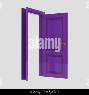 purple wooden interior door illustration set different open closed isolated white background Stock Photo