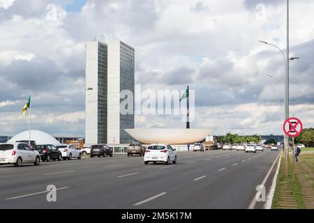 Architectural detail of the National Congress of Brazil building designed by Brazilian architect Oscar Niemeyer Stock Photo