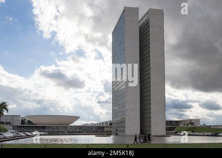 Architectural detail of the National Congress of Brazil building designed by Brazilian architect Oscar Niemeyer Stock Photo