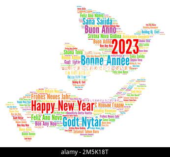Happy New Year 2023 word cloud in different languages Stock Photo