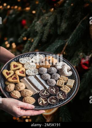 Female hands holding tray with various traditional homemade slovak christmas cookies. Christmas tree on background. Stock Photo