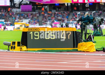 Seiko digital timing clock and television cameras at the 2017 World Para Athletics Championships, London Stadium, UK. Track and field event Stock Photo