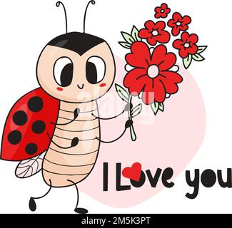 Funny winged insect ladybird with flower. Valentine card with cute ladybug. I love you. Vector illustration. Hand drawn doodle style Stock Vector