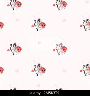 Seamless pattern with ladybug. Cute Amur insect ladybird on white background with hearts. Vector illustration. romantic endless background Stock Vector