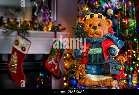 Christmas bear. On Christmas eve. His name is Little Teddy Bear. Decoration on Christmas evening. Stock Photo