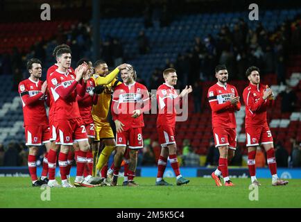 Middlesbrough players applaud the fans following the Sky Bet Championship match at Ewood Park, Blackburn. Picture date: Thursday December 29, 2022. Stock Photo