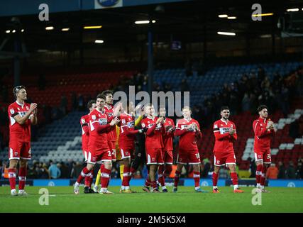 Middlesbrough players applaud the fans following the Sky Bet Championship match at Ewood Park, Blackburn. Picture date: Thursday December 29, 2022. Stock Photo
