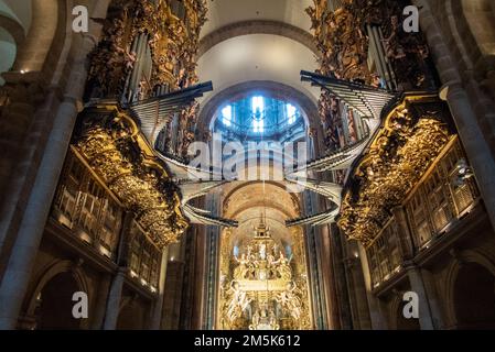 The horizontal pipes of the great organ in the famous Cathedal of Santiago de Compostela. Stock Photo