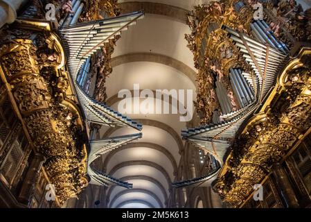 The horizontal pipes of the great organ in the famous Cathedal of Santiago de Compostela. Stock Photo