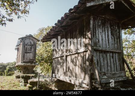 Two traditional granaries, so-called hórreos, next to the Way of St. James. These types of safe storage buildings securing the crops against rats, mice and other rodents were used for centuries and still are a common sight in the villages of Galicia, Northern Spain. Stock Photo