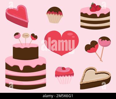 Valentine's Day, Set of sweets, cakes, candies, pies, cakepops on pink background Stock Vector